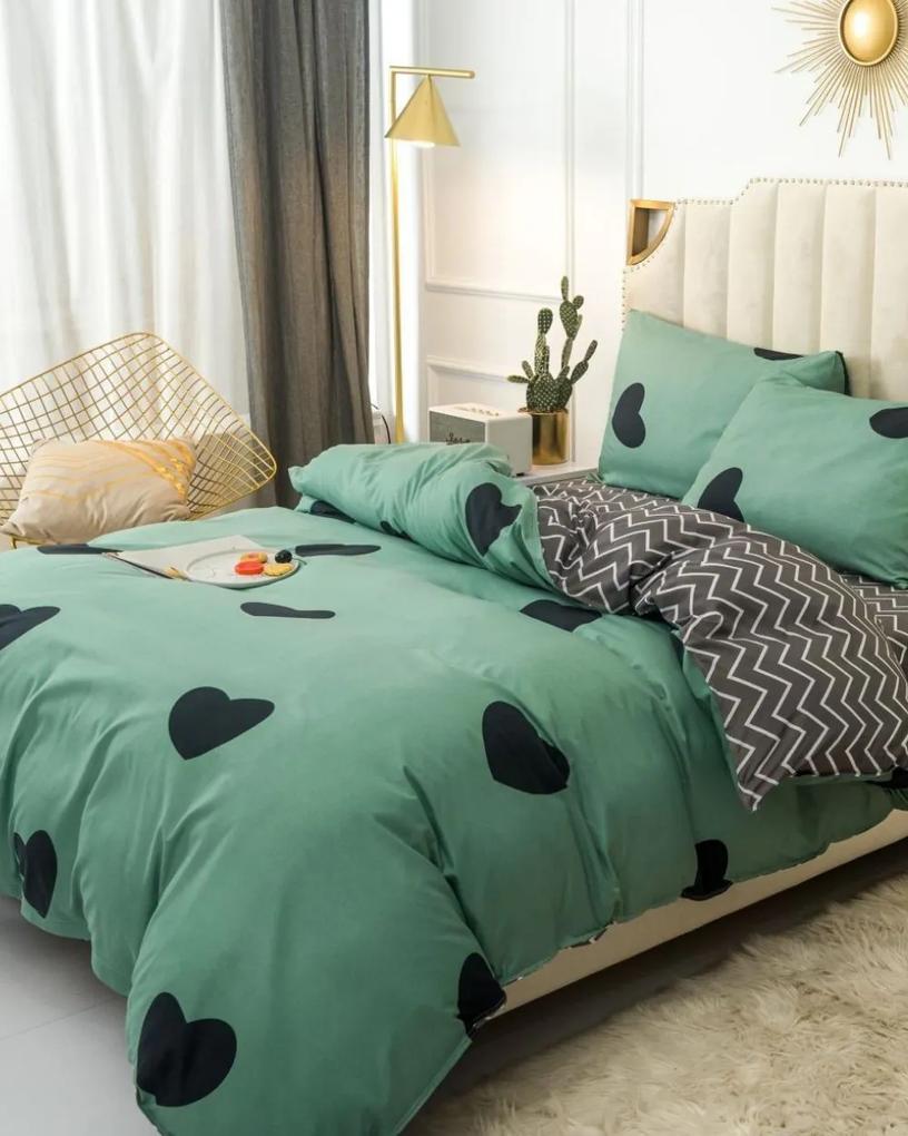 Lenjerie de pat cu 2 fete, policoton, pat 2 persoane, 4 piese, verde / negru, R4-414