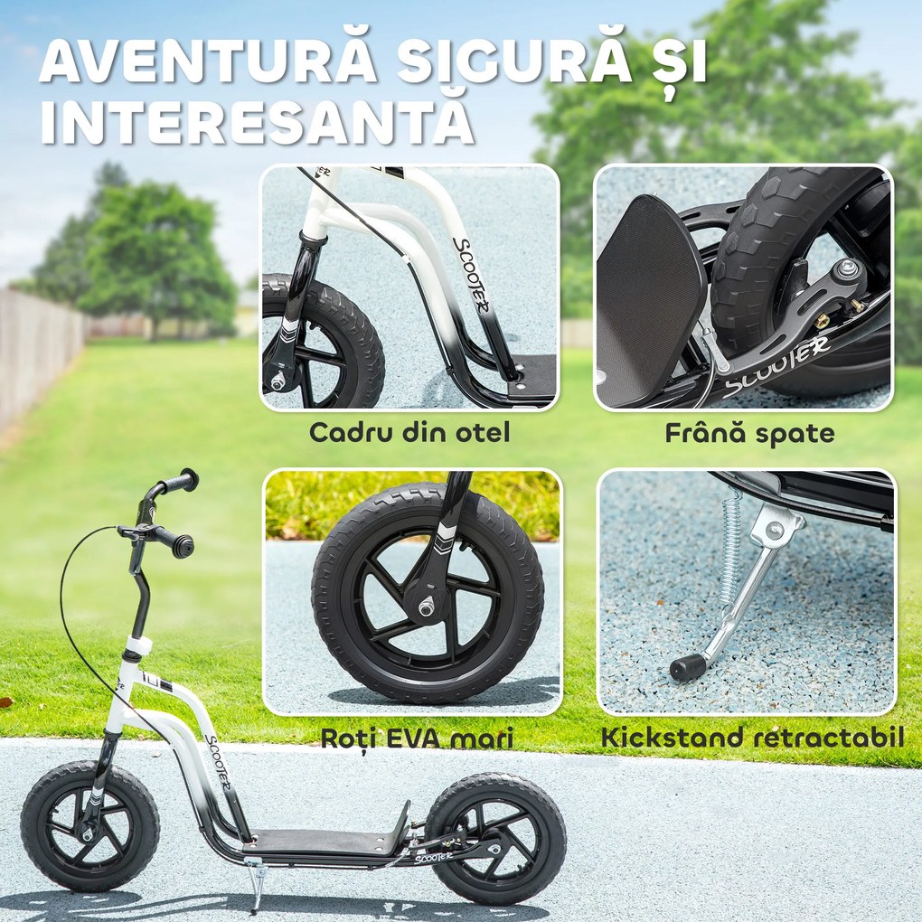 AIYAPLAY Monopatin pentru Copii 5-12 Ani cu Roți Mari de 30cm și Ghidon Reglabil, Monopatin pentru Copii din Oțel cu Frână Posterioară, Suport, Alb și Negru | Aosom Romania