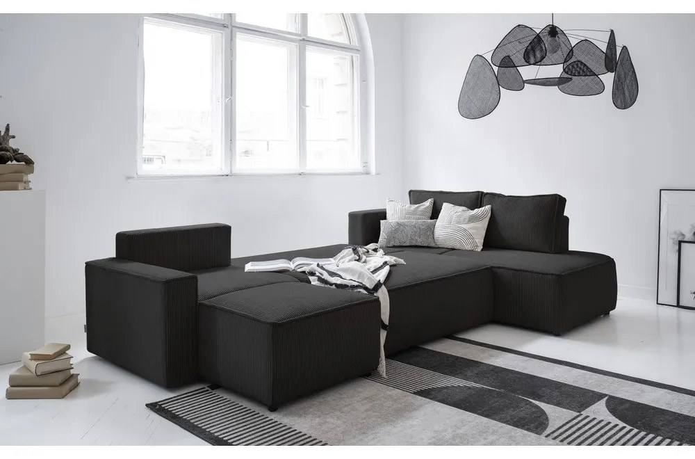 Colțar gri antracit extensibil cu tapițerie din catifea reiată (cu colț pe partea dreaptă/în formă de "U") Brave Dave – Miuform
