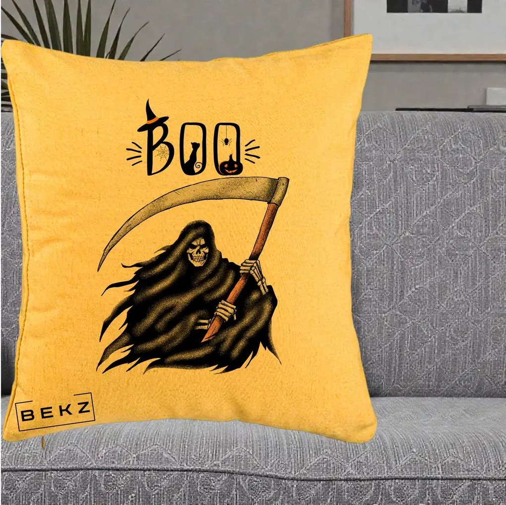 Perna Decorativa Halloween Boo Grim Reaper cu Coasa, 40x40 cm, Galben, Husa Detasabila, Perna Inclusa, BEKZ®