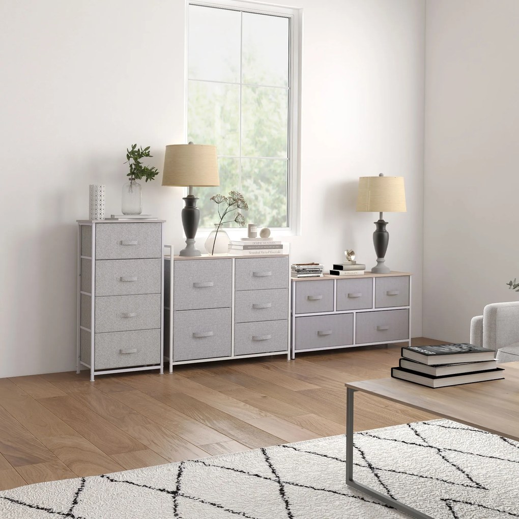 HOMCOM Comodă mobilier de depozitare 100 x 30 x 54 cm 5 sertare netesut gri structură oțel alb lemn deschis | Aosom Romania