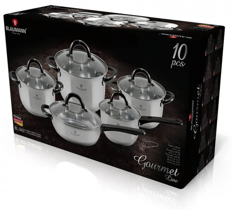 Set oale si tigai otel inoxidabil (10 piese) cu manere negre Gourmet Line Blaumann BL 3421