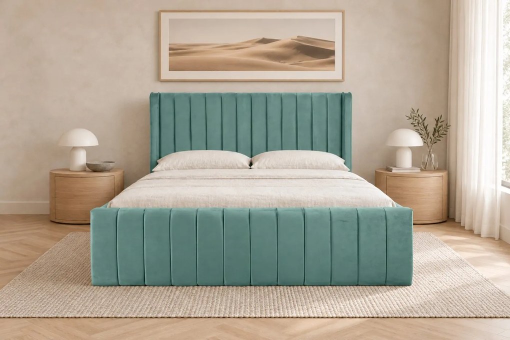 Pat tapițat din catifea Aurelia Simple 180×200 cm, verde marin, cu ladă de depozitare