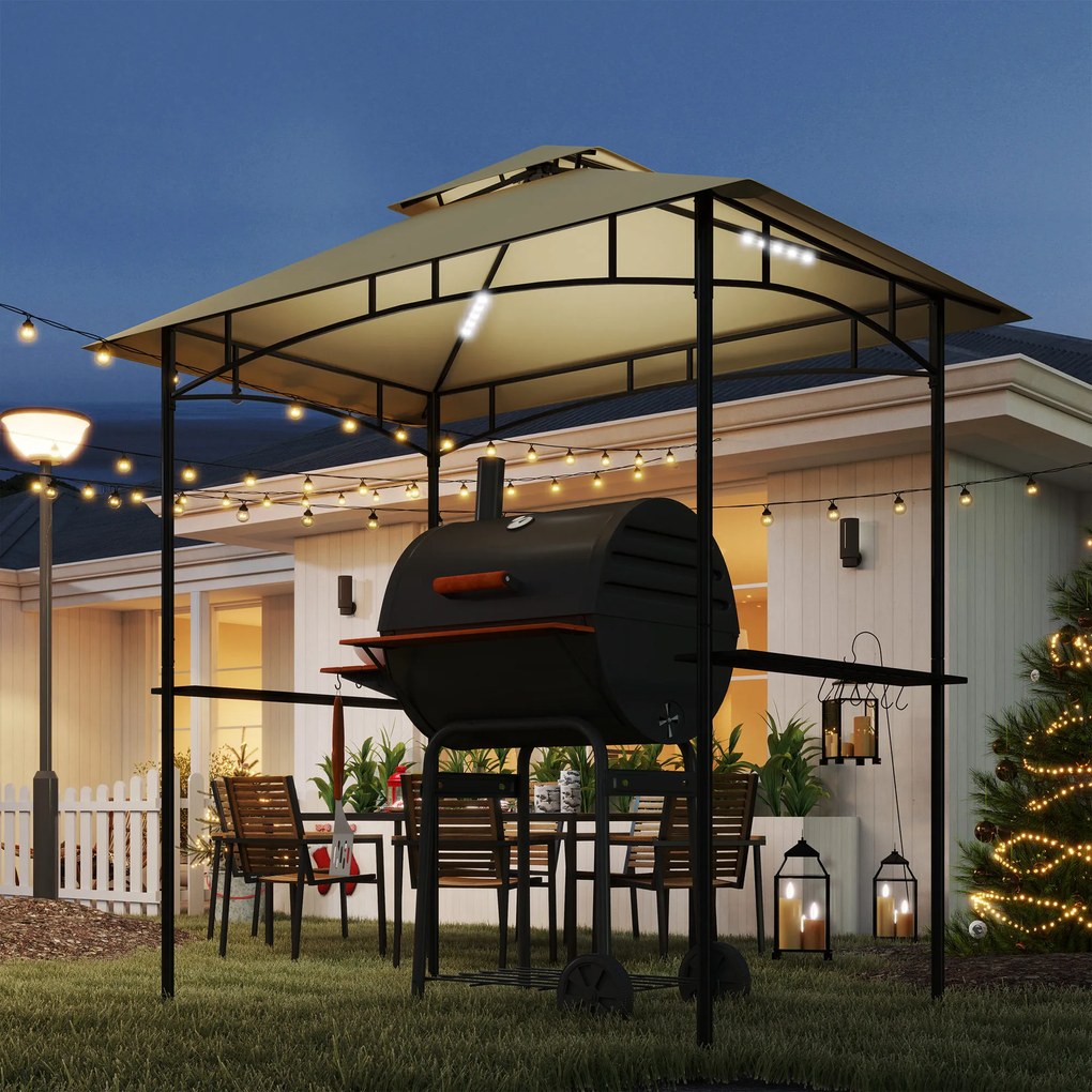 Outsunny Grillpavillon cu LED 240 x 150 x 258 cm rezistent la apă, ignifug, Pavilion de grădină cu acoperiș dublu | Aosom Romania