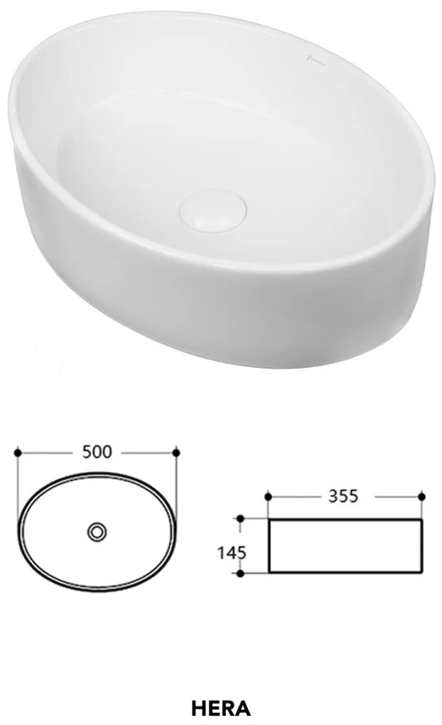 Lavoar pe blat Fluminia, Hera, alb, oval, 50 x 35.5 cm