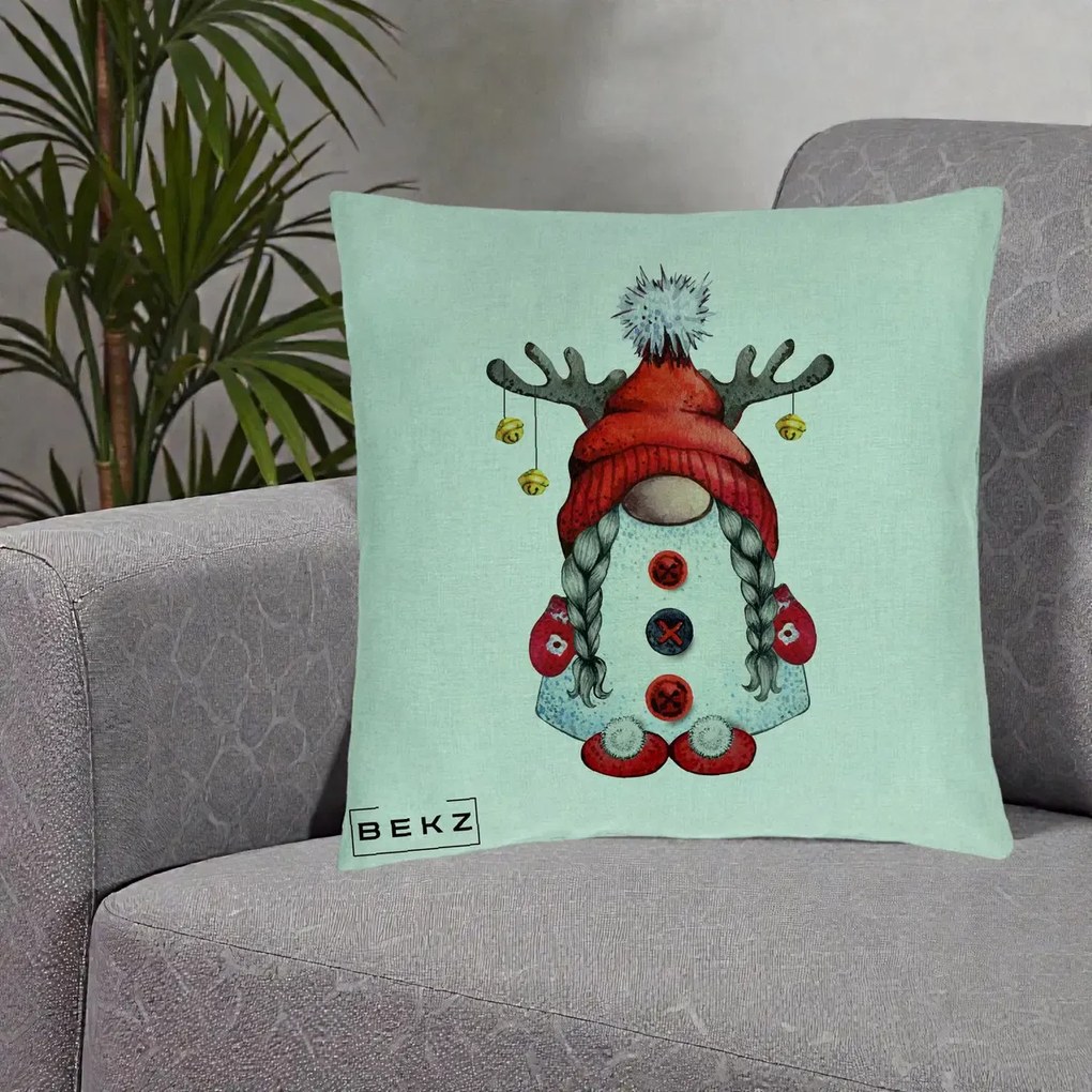 Perna Decorativa Pitic Gnom Craciun cu Coarne de Ren, 40x40 cm, Verde Menta, Husa Detasabila, Perna Inclusa, BEKZ®
