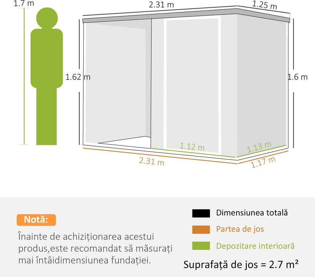 Outsunny Șopron de Grădină din Oțel Galvanizat, Ușă Blocabilă, 231 x 125 x 162 cm, Gri Închis | Aosom Romania