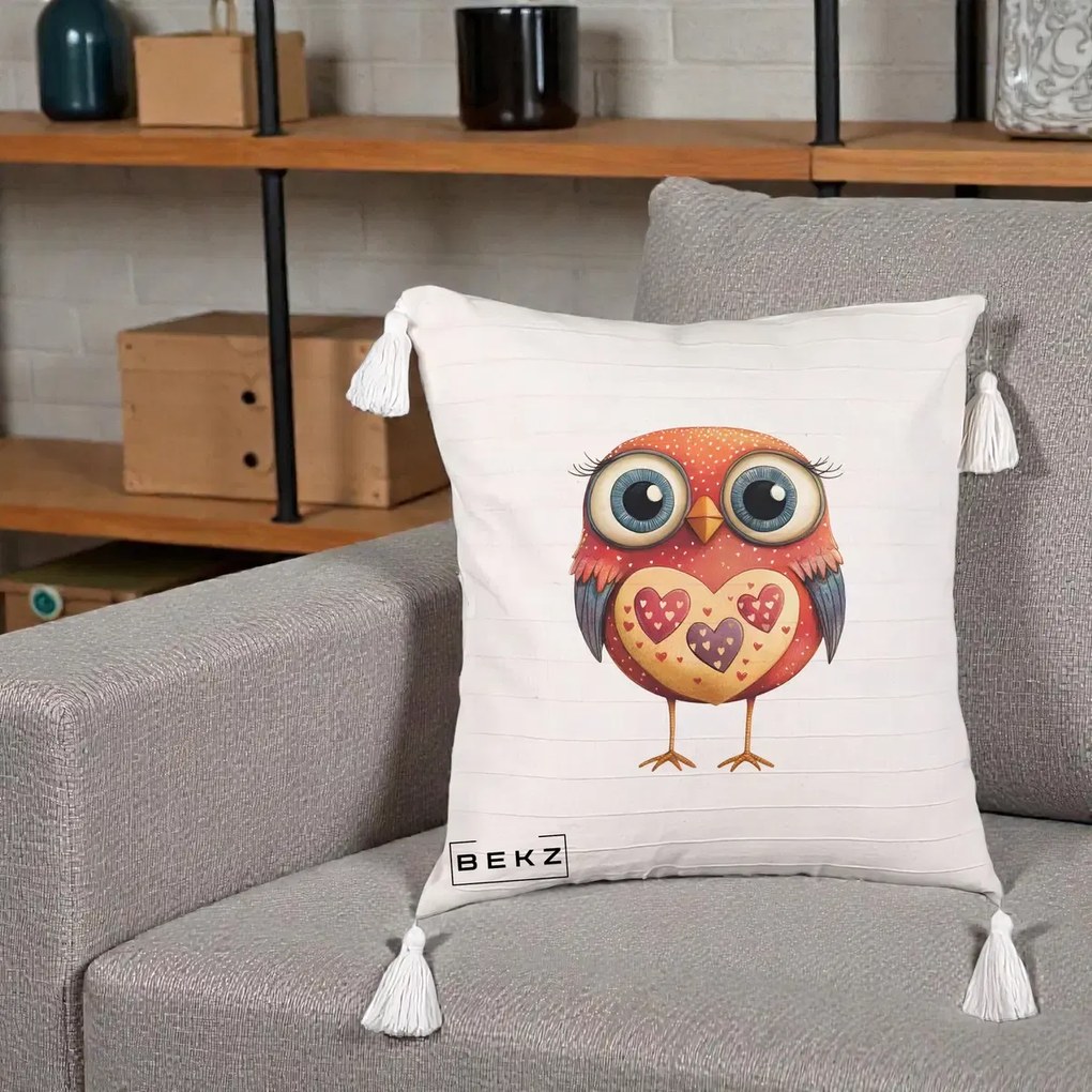 Perna Decorativa Bufnita Rosie cu Inimi Aurii, 40x40 cm, Bej cu Franjuri, Husa Detasabila, Perna Inclusa, BEKZ®