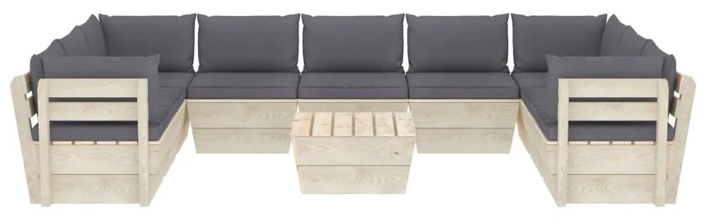 Set mobilier gradina din paleti, 10 piese, cu perne, lemn de molid Antracit, 4x colt + 5x mijloc + masa, 1