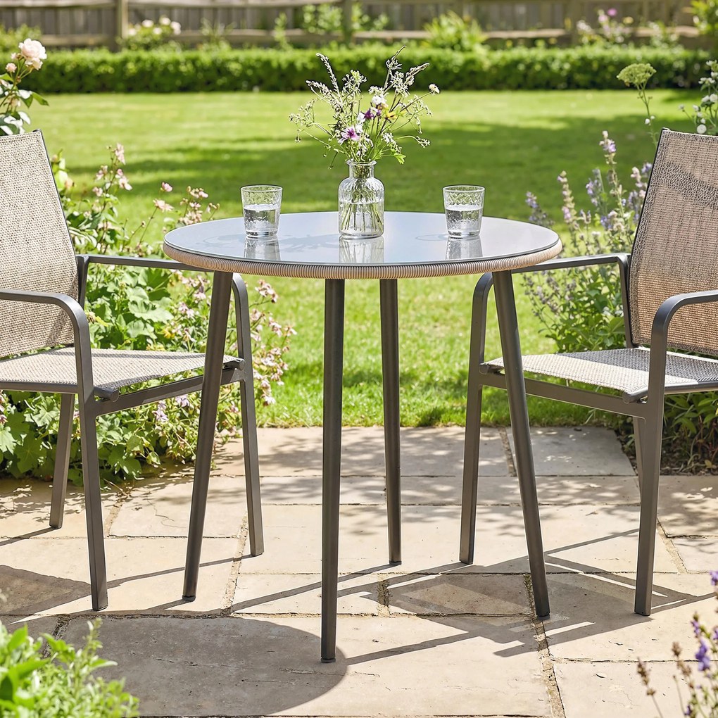 Outsunny Masă de luat masa pentru grădină cu blat din sticlă securizată cu margine din ratan cadru din oțel 80x80x74 cm gri | Aosom Romania