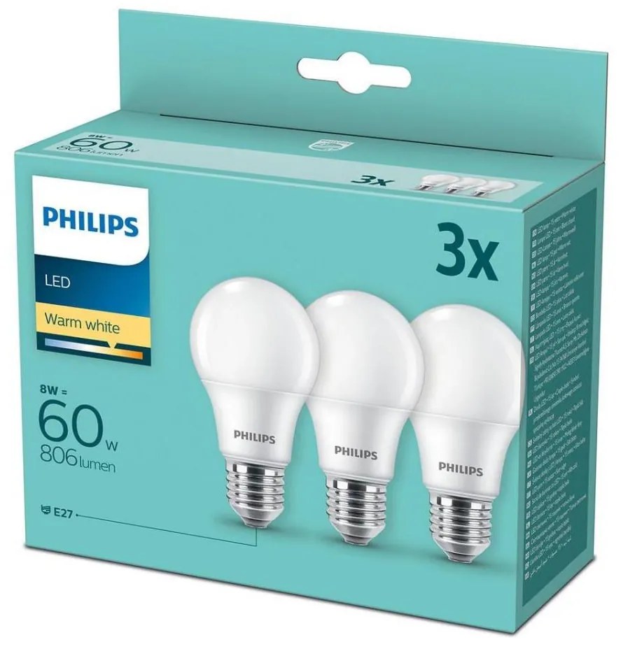 SET Bec 3x LED Philips A60 E27/8W/230V 2700K