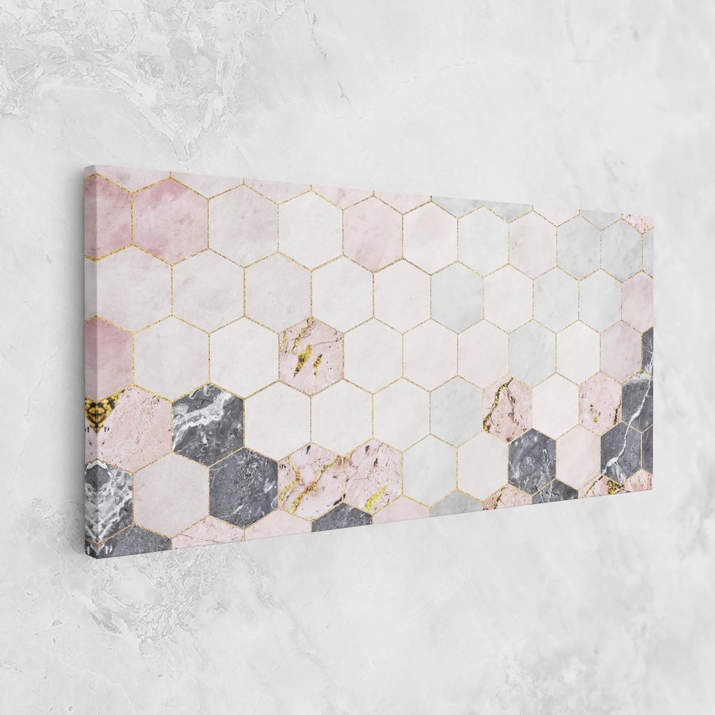 Tablou Canvas, 40x80cm, Dormitor si Living, Abstracte, Geometrice, Grey Pink Hexagon