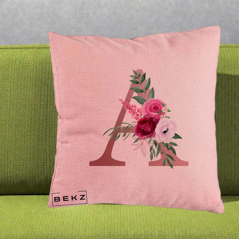 Cadou Personalizat - Perna Personalizata Monograma Rose Gold Litera A, 40x40 cm, Roz, Husa Detasabila, Perna Inclusa, BEKZ®