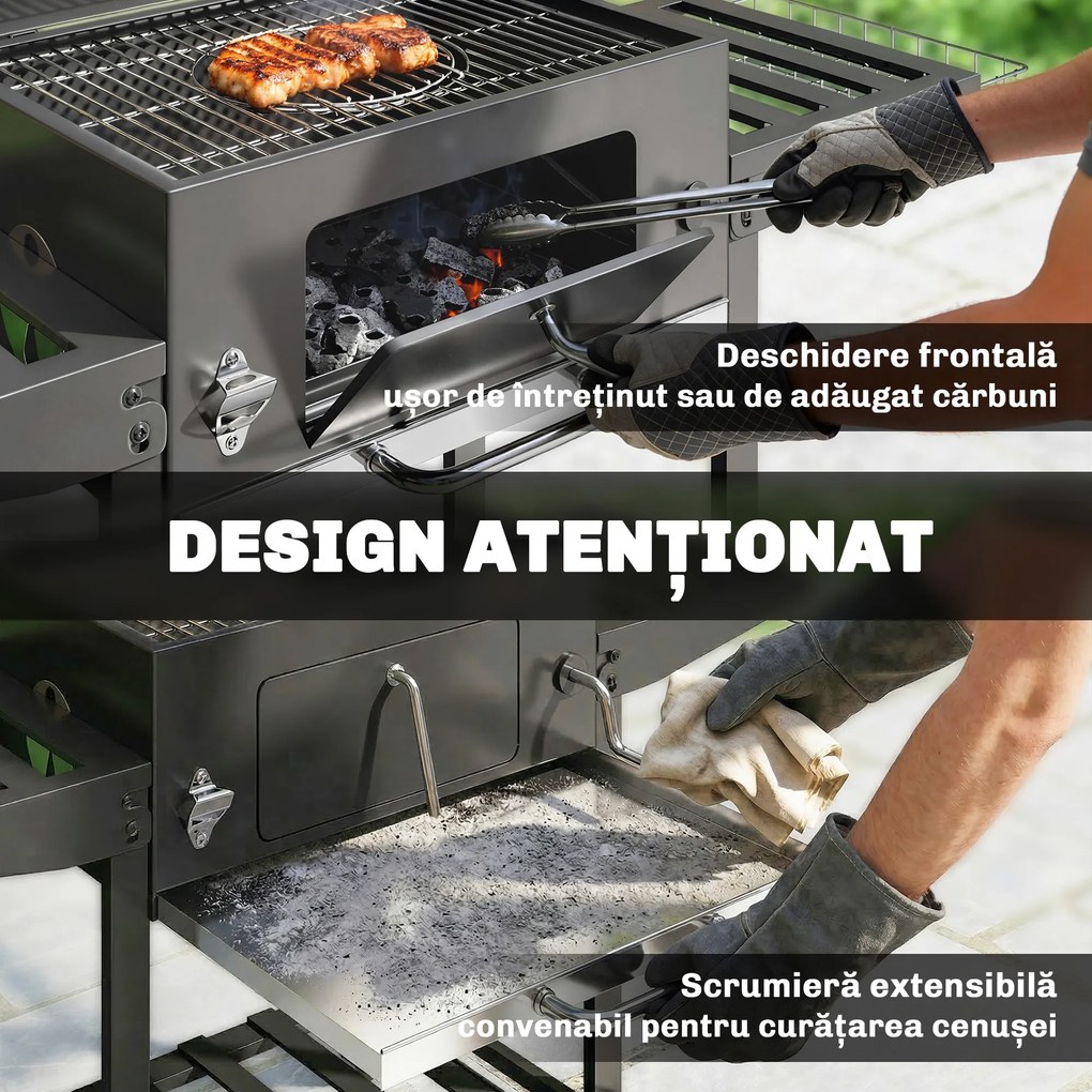 Outsunny grătar pe cărbune, grilă reglabilă, rafturi rabatabile, termometru. | Aosom Romania