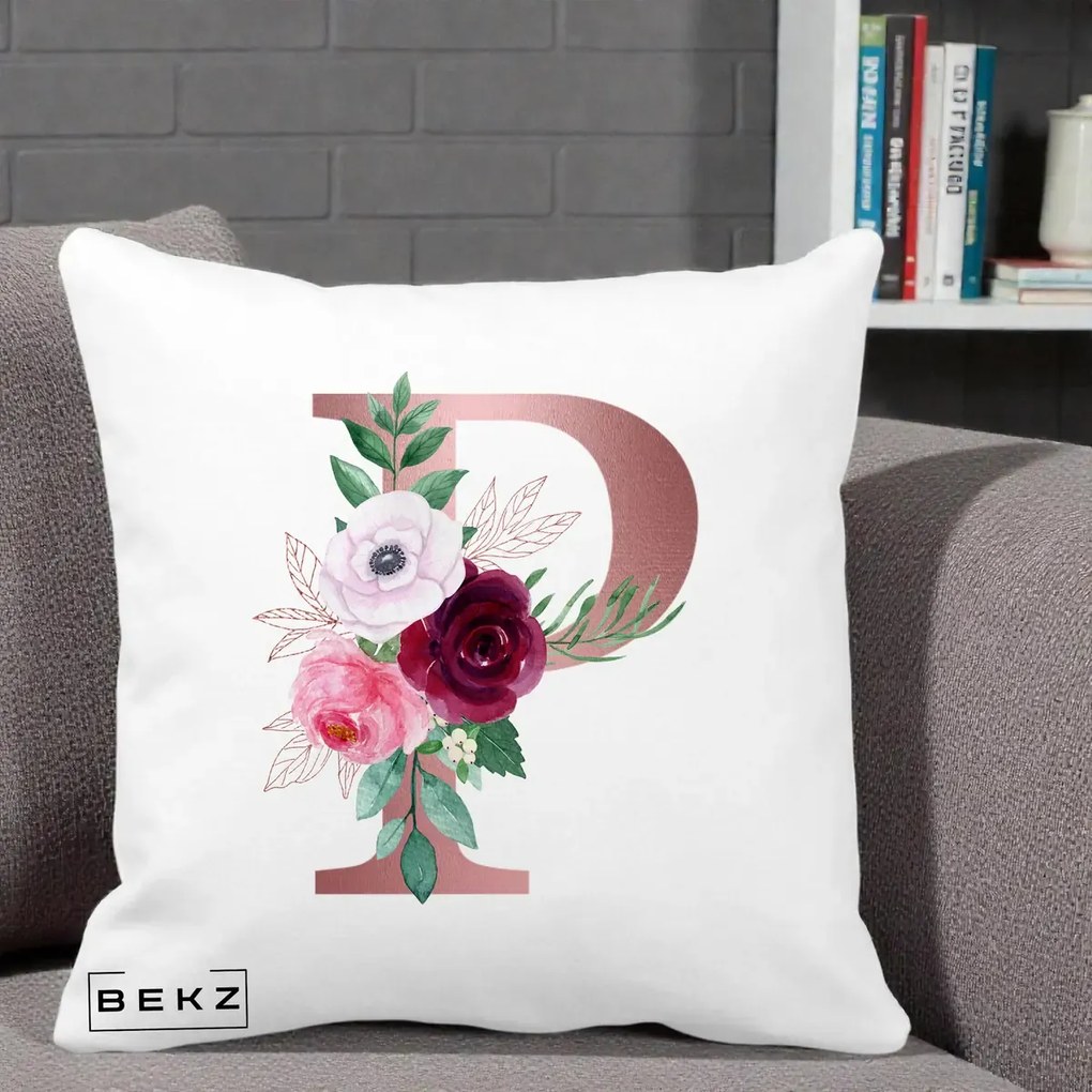 Cadou Personalizat - Perna Personalizata Monograma Rose Gold Litera P, 40x40 cm, Alba Mata, Husa Detasabila, Perna Inclusa, BEKZ®