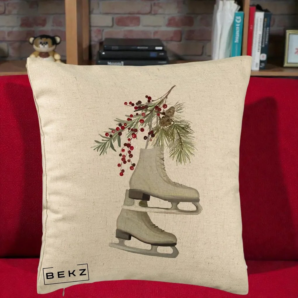 Perna Decorativa Patine cu Ramuri de Brad si Afine, 40x40 cm, Bej, Husa Detasabila, Perna Inclusa, BEKZ®
