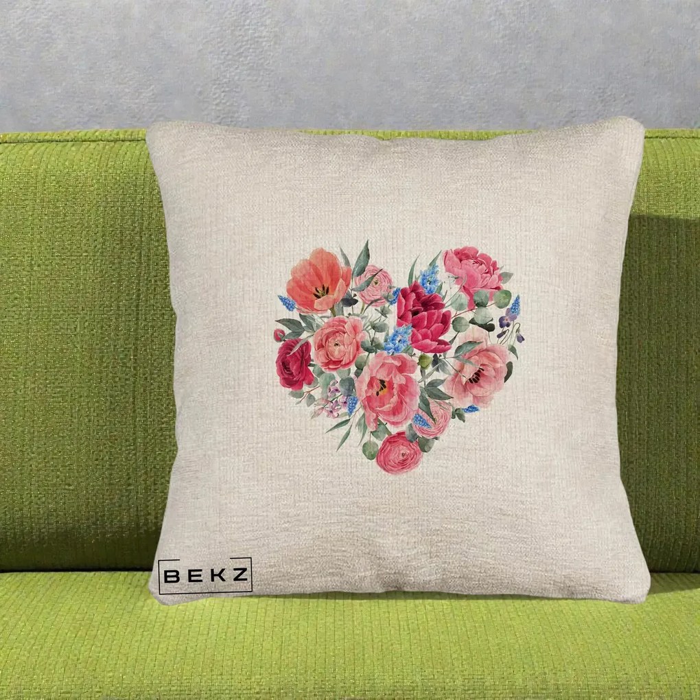 Perna Decorativa Inima din Bujori Acuarela, 40x40 cm, Bej Canapea, Husa Detasabila, Perna Inclusa, BEKZ®