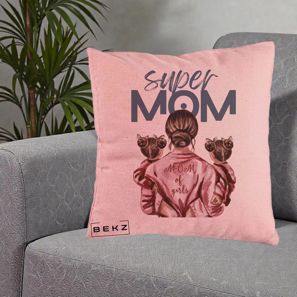 Cadou pentru Mama - Perna Personalizata Super Mom of Girls Mama cu Gemene, 40x40 cm, Roz, Husa Detasabila, Perna Inclusa, BEKZ®