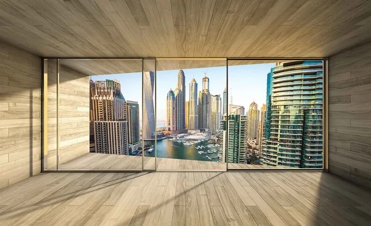 Window Dubai City Skyline Marina Fototapet, (416 x 254 cm)