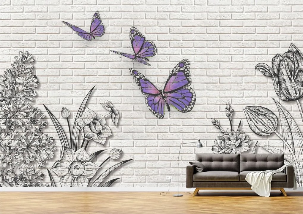 Tapet Premium Canvas - Fluturi si flori abstract