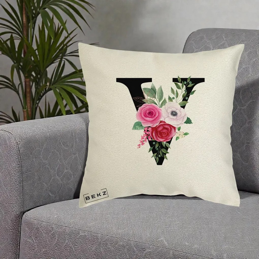 Cadou Personalizat - Perna Personalizata Monograma Florala Litera V cu Buchet, 40x40 cm, Ecru, Husa Detasabila, Perna Inclusa, BEKZ®
