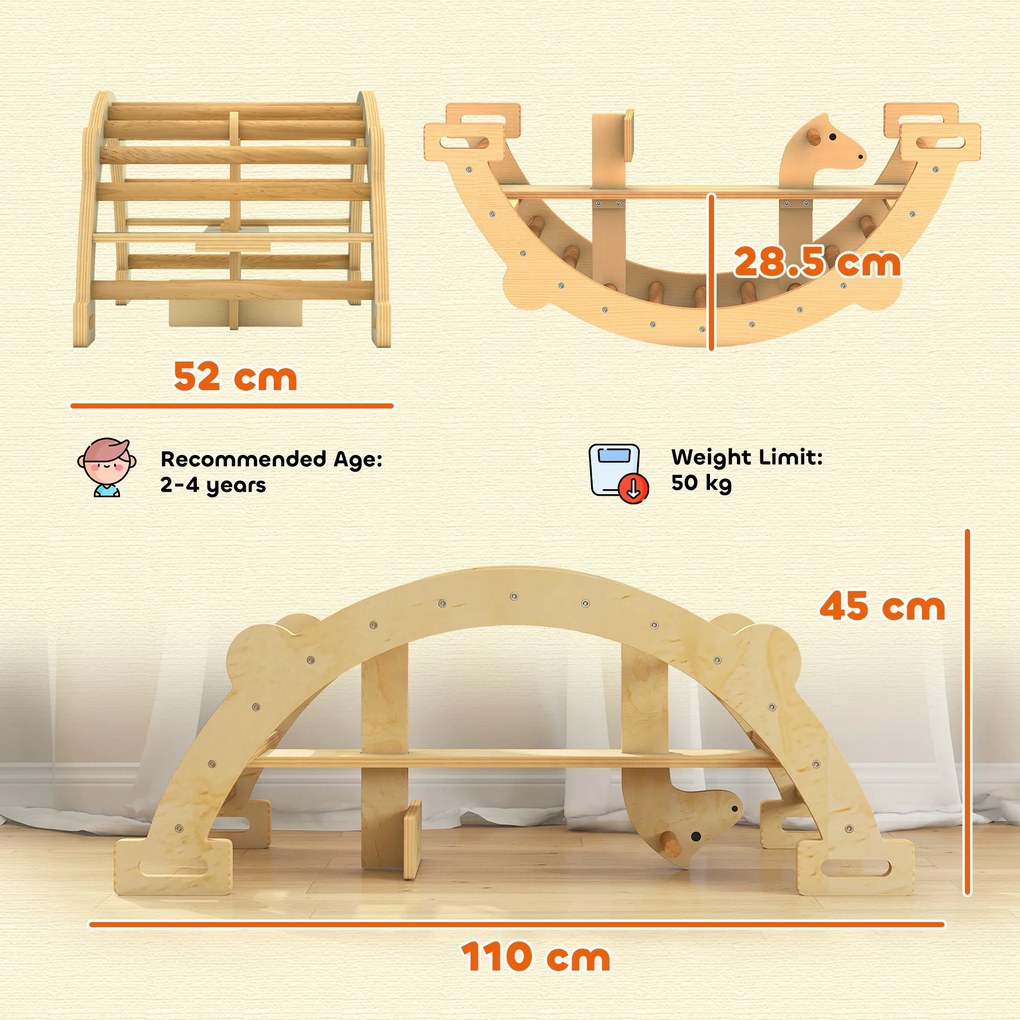 AIYAPLAY Arc Montessori din Lemn pentru Copii 2-4 Ani, Convertibil în Balansoar, Joc de Cățărare, 110x52x45 cm, culoare Lemn | Aosom Romania