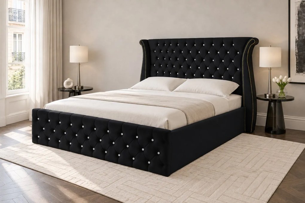 Pat tapițat din catifea Zafira 180×200 cm, negru, cu ladă de depozitare