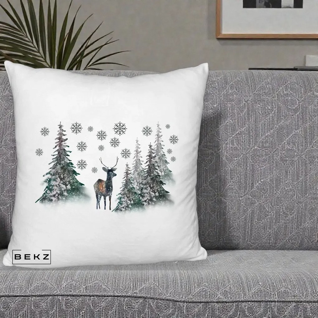 Perna Decorativa Ren in Padure Inzapezita, 40x40 cm, Alb Pufos, Husa Detasabila, Perna Inclusa, BEKZ®