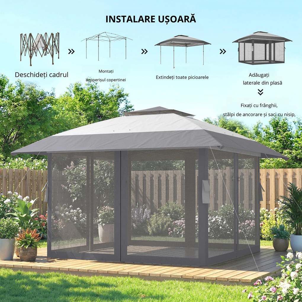 Outsunny Pavilion 4x4m Impermeabil Reglabil pe înălțime Pop-up Pavilion pliant cu dublu acoperiș 4 laterale din plasă, UV 30+Gri deschis | Aosom Romania