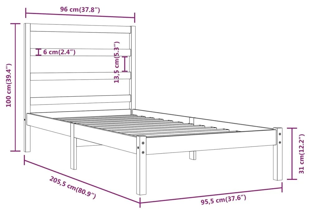 Cadru de pat, alb, 90x200 cm, lemn masiv de pin Alb, 90 x 200 cm