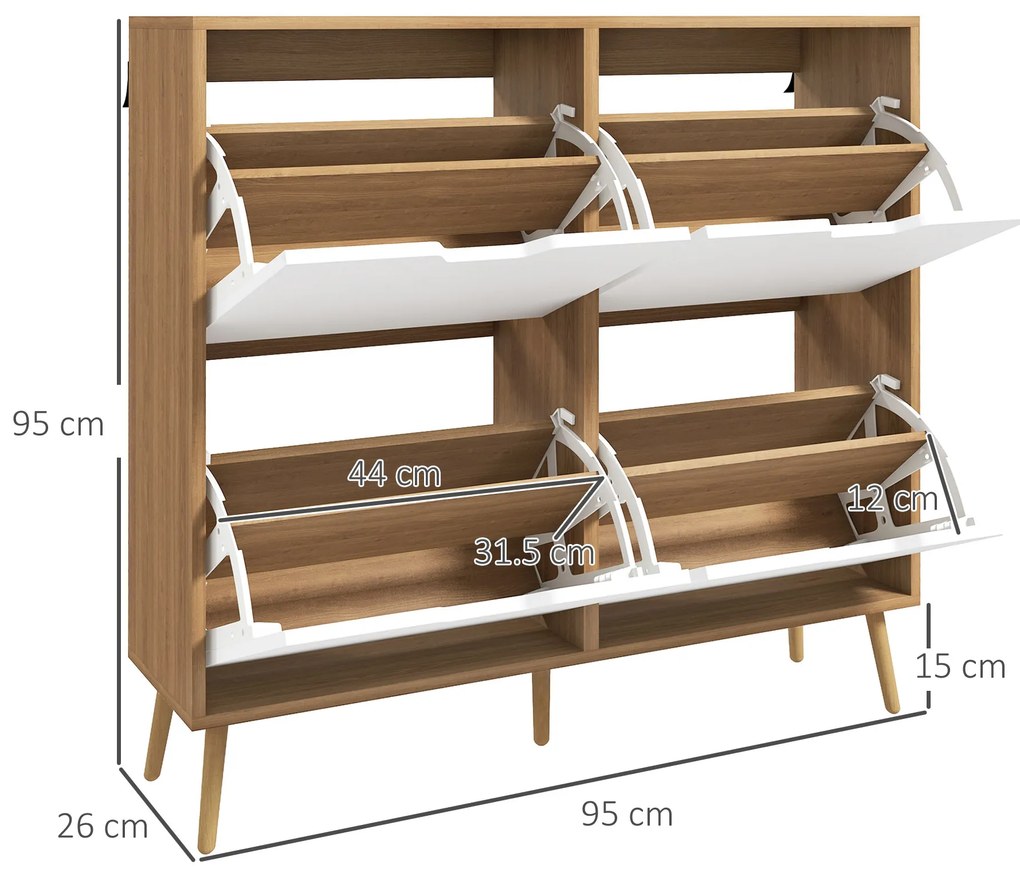 Dulap Pantofar Modern cu 4 Sertare Rabatabile si Raft Reglabil, Dulap Pantofar de Hol pentru 16 Perechi de Pantofi, Natur HOMCOM | Aosom Romania