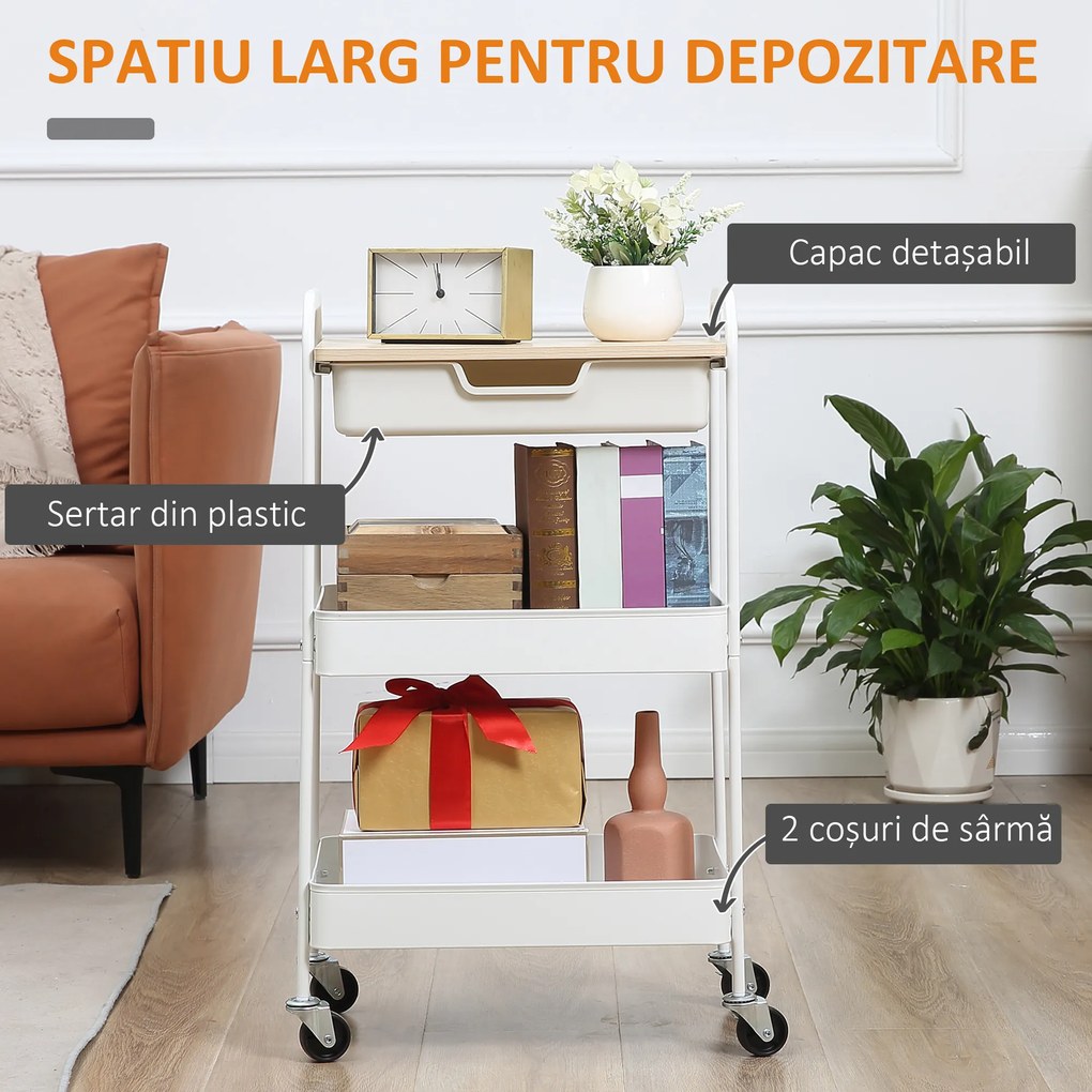 HOMCOM Masă de bucătărie cărucior de servire 2 rafturi sertar tavă aspect de lemn deschis oțel PP alb | Aosom Romania