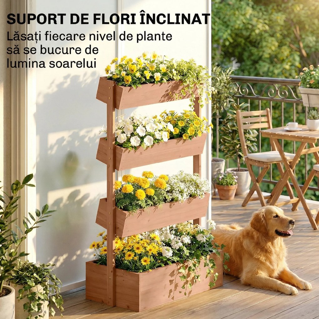 Outsunny Jardinieră Verticală înălțată pe 4 Niveluri, din Lemn pentru Exterior, cu Orificii de Drenaj și Căptușeală Textilă, pentru Plante Aromatice, Flori și Legume, 85x45x140 cm, Maro | Aosom Romania