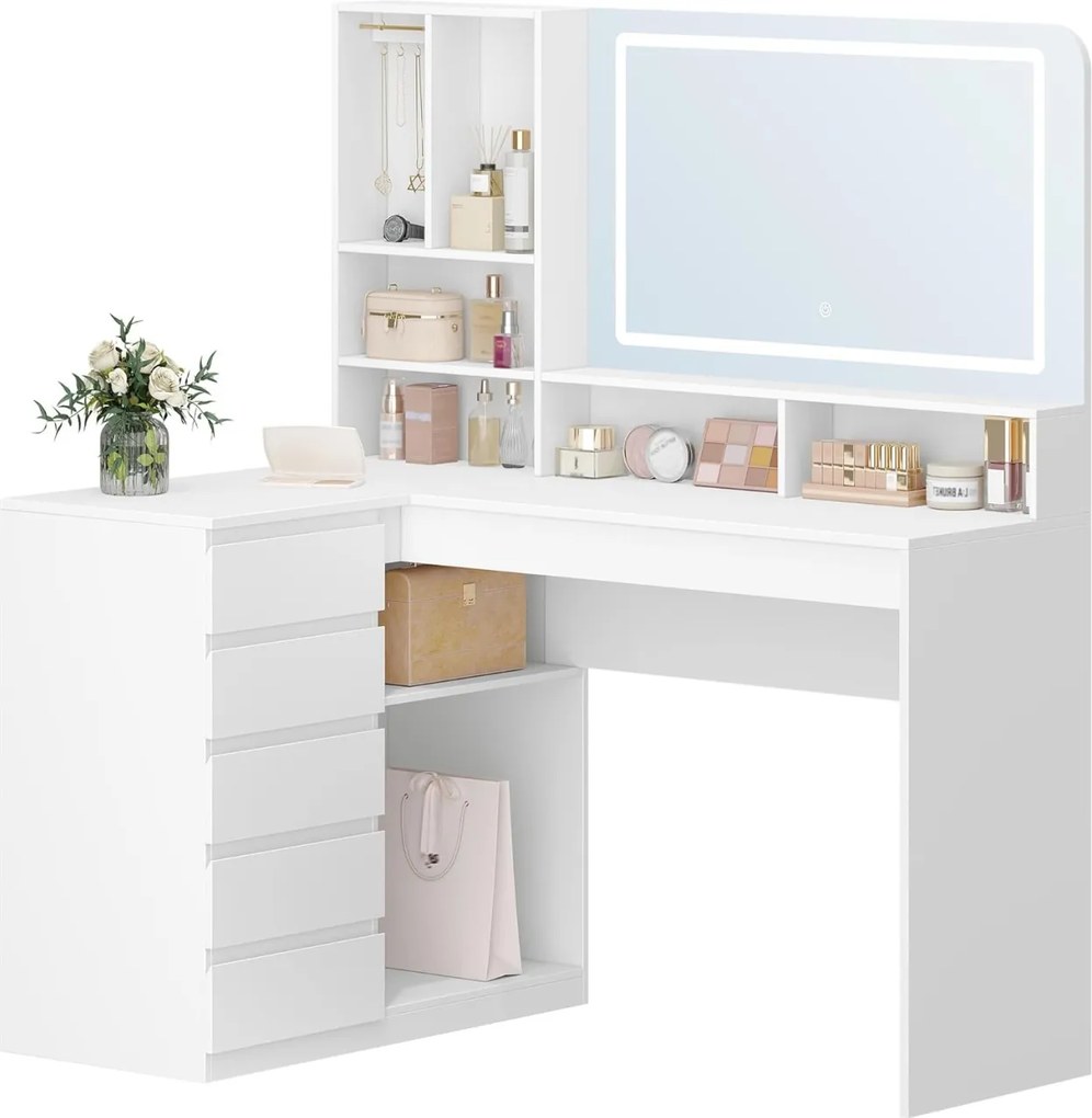 Masuta machiaj cu Oglinda LED si 5 Sertare pentru Cosmetice, Set Masa toaleta 120 cm, Alb, masuta cosmetica, vanity - SEA32