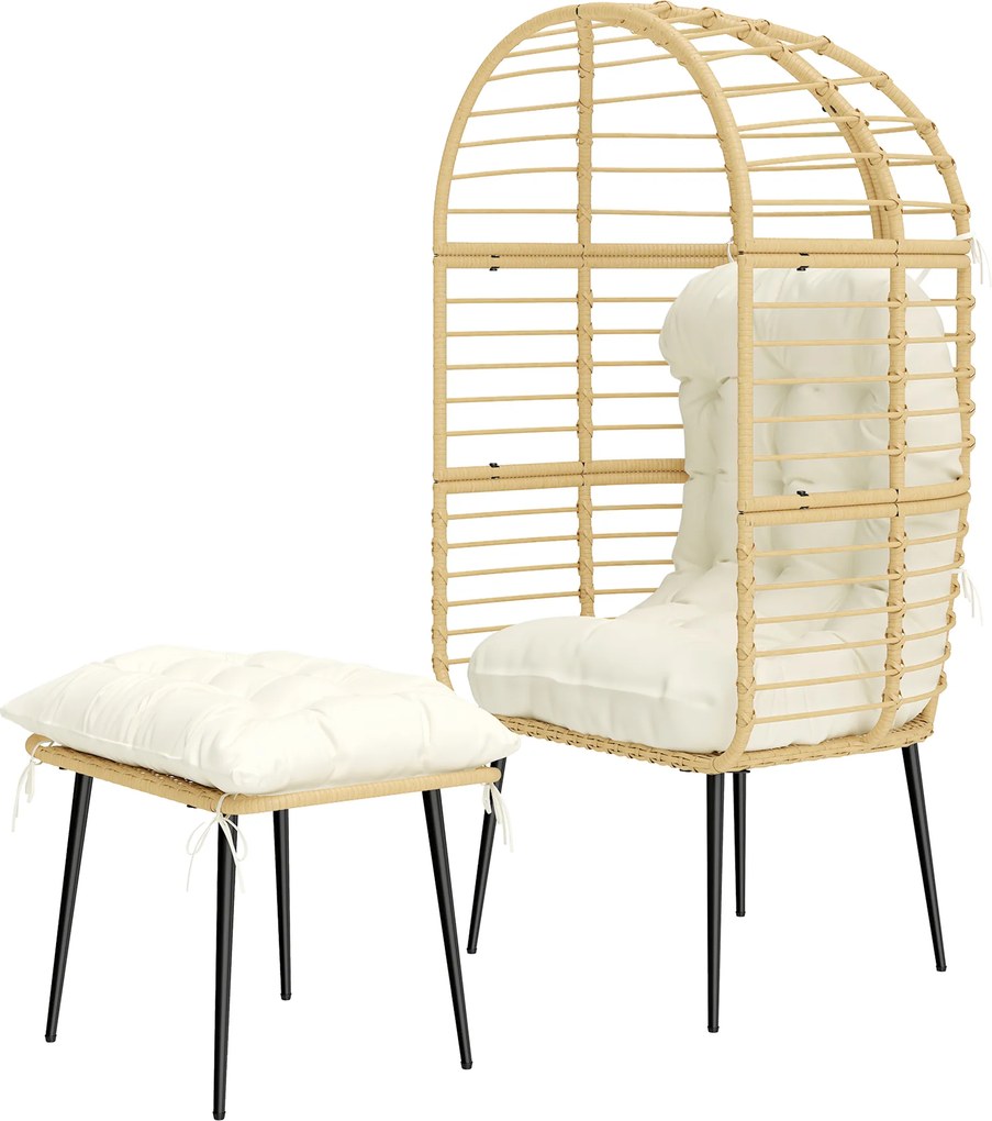 Outsunny Fotoliu de grădină cu taburet PE-Rattan, fotoliu în formă de ou cu perne lungi &amp; groase, cadru metalic Bej | Aosom Romania