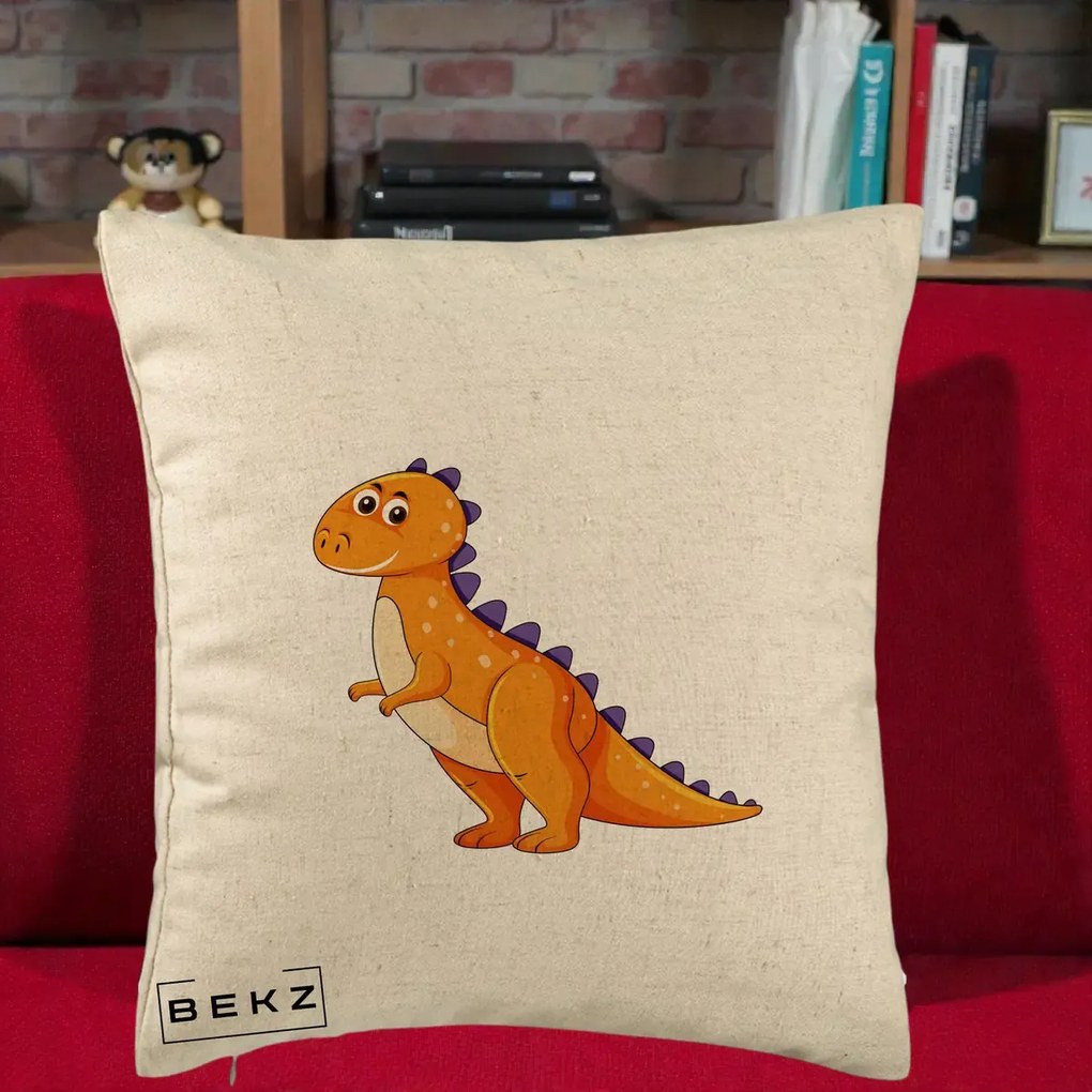Perna Decorativa T-Rex Portocaliu, 40x40 cm, Bej, Husa Detasabila, Perna Inclusa, BEKZ®