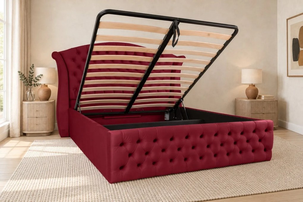 Pat tapițat Chesterfield din catifea Sorella Simple 140×200 cm, vișiniu, cu ladă de depozitare