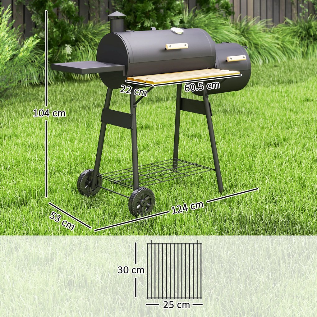 Outsunny Gratar de gradina cu capac si afumator, gratar pe carbune cu rafturi si roti 124x53x104cm, negru | AOSOM RO