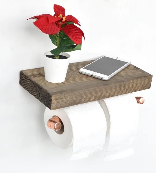 Suport de hârtie igienică cu raft BORU 12x30 cm molid/cupru