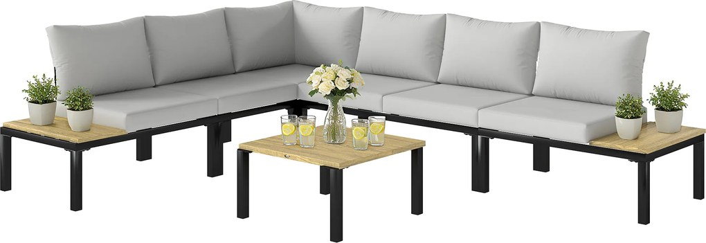 Outsunny Set de grădină modular 6 piese Set canapea exterior transformabil într-un pat Masă de cafea și măsuțe laterale Gri | Aosom Romania