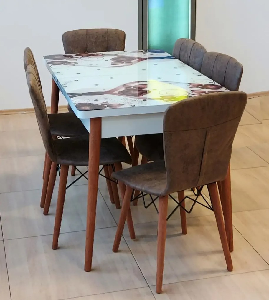 Set masa extensibila picioare lemn, blat sticla securizata +6 scaune tapitate Fusion Homs maro 80x 170 cm