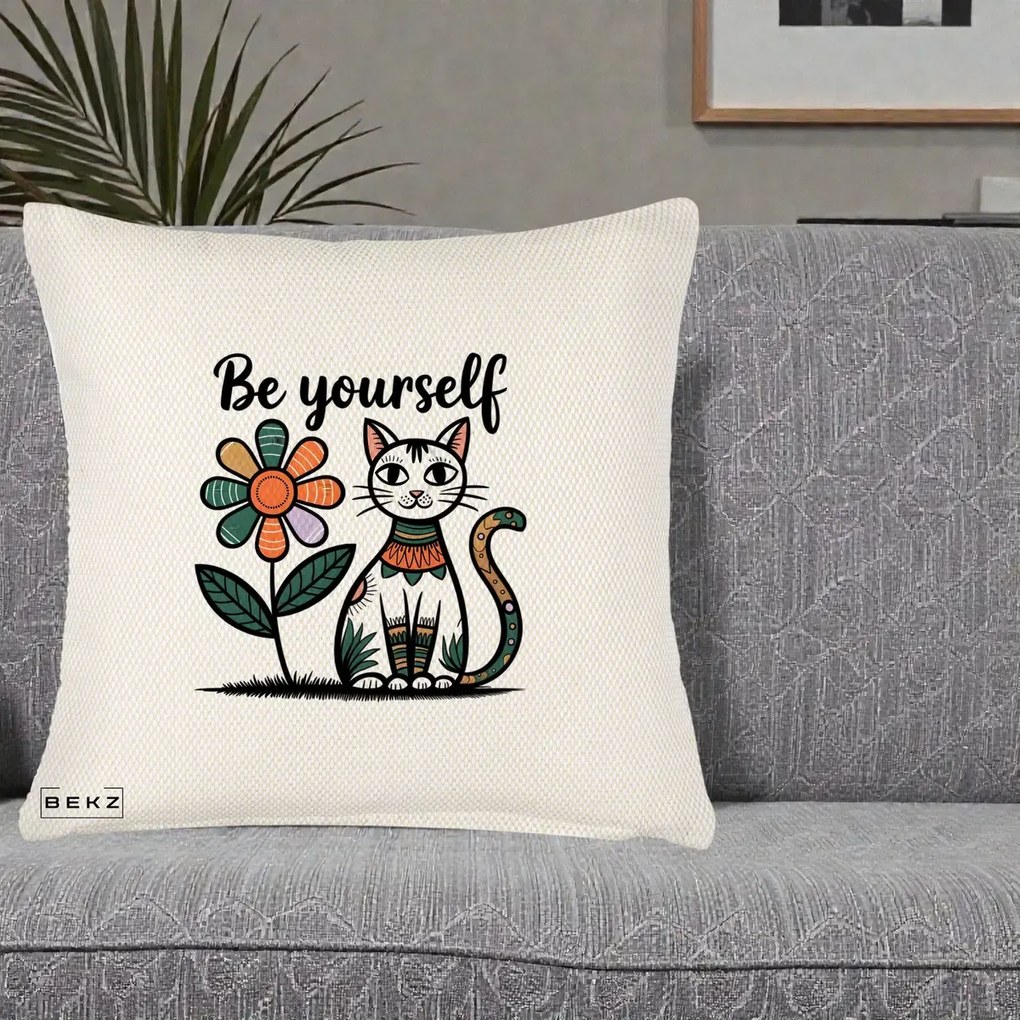 Perna Personalizata Be Yourself Pisica Folk, 40x40 cm, Crem Reliefat, Husa Detasabila, Perna Inclusa, BEKZ®