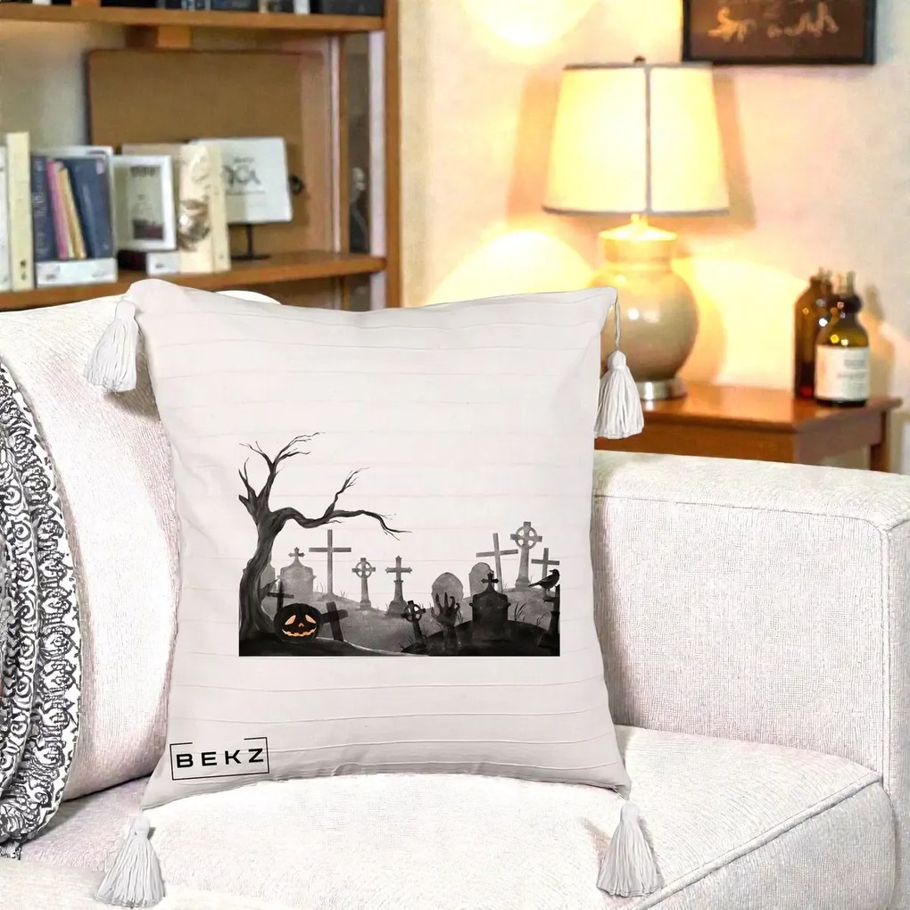 Perna Decorativa Halloween Cimitir Acuarela cu Dovleac, 40x40 cm, Bej cu Franjuri, Husa Detasabila, Perna Inclusa, BEKZ®