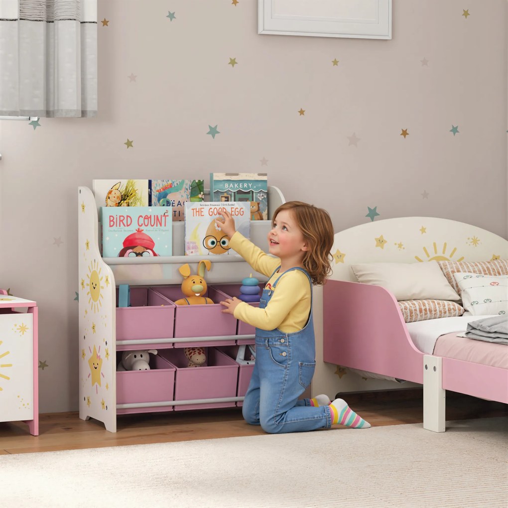 AIYAPLAY Raft pentru Jucării cu 6 Sertare și Bibliotecă cu 2 Nivele Roz | Aosom Romania