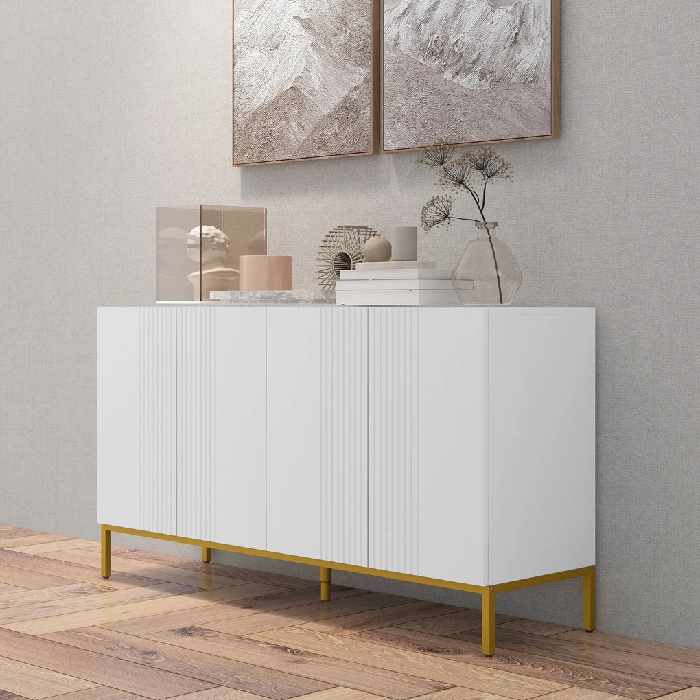 HOMCOM Bufet Modern pentru Living cu 4 Uși și Rafturi Reglabile, Închidere Moale, 140x40x75 cm, Alb | Aosom Romania