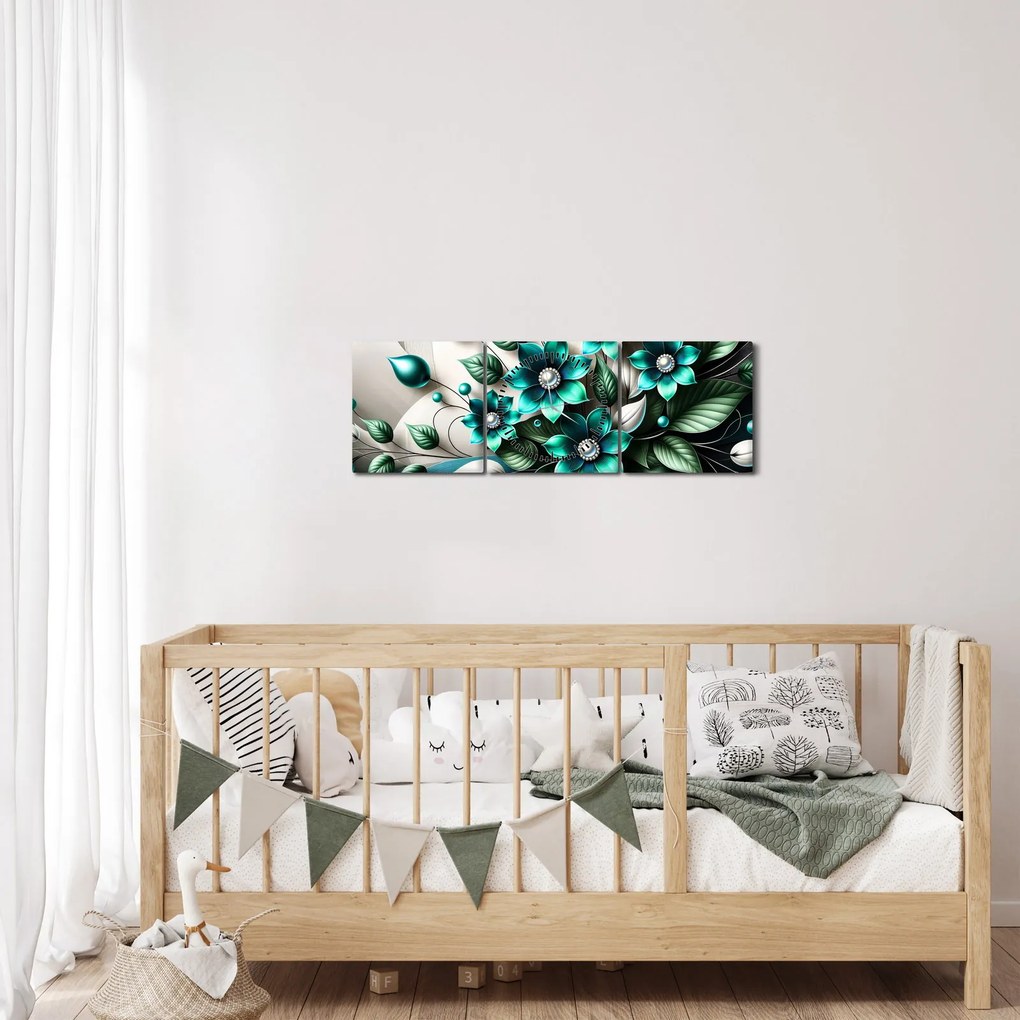 Tablou - Flori turcoaz 3D (cu ceas) (90x30 cm)