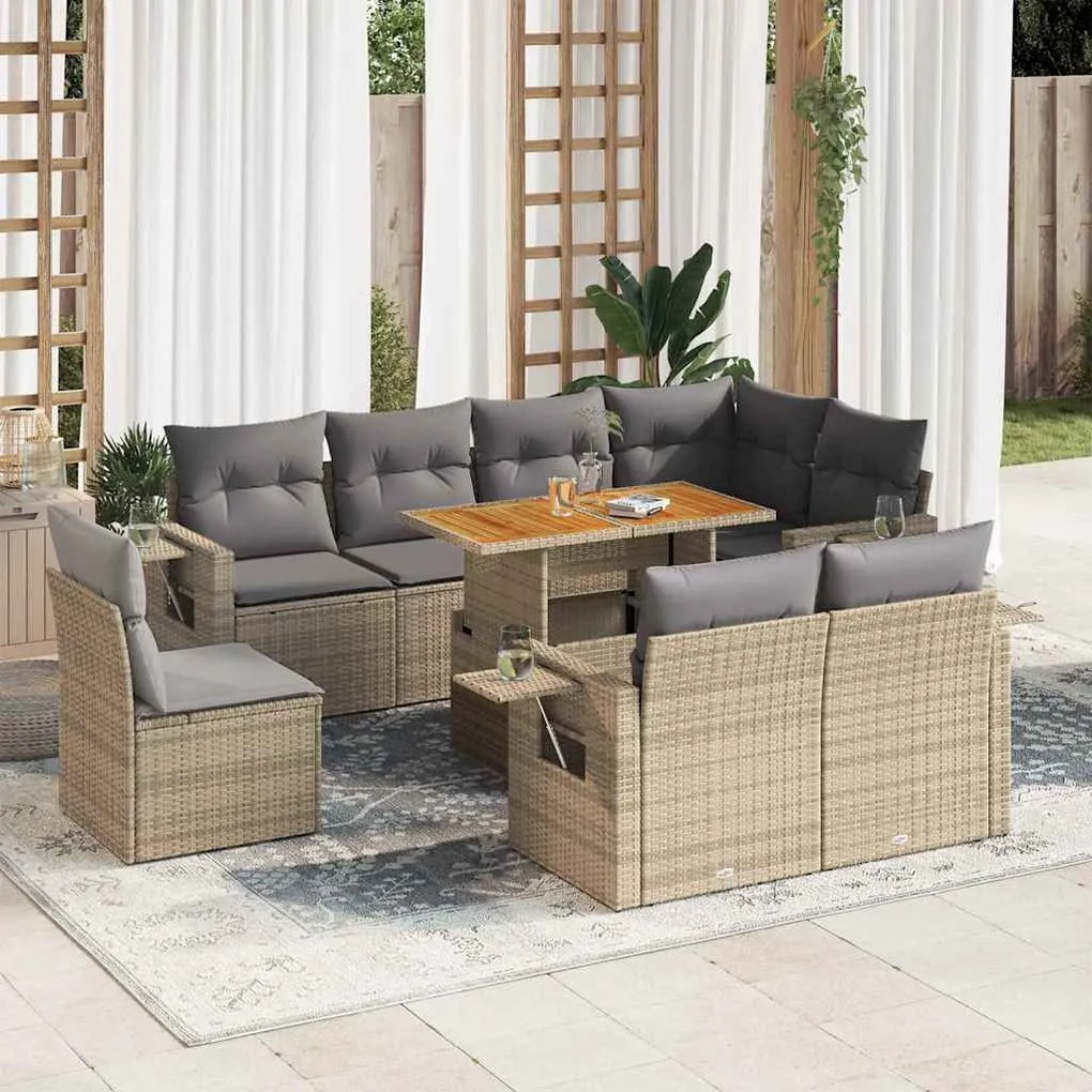 vidaXL Set canapele de grădină, 9 piese, cu perne, bej, poliratan