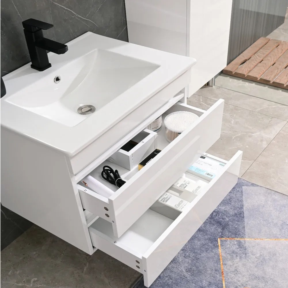 Mobilier de baie Cube 60 cm cu lavoar ceramic (2 sertare) și oglindă 60x80 cm vopsit în alb lucios