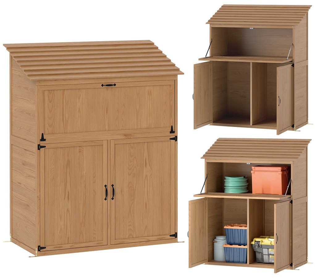 Outsunny Șifonier pentru grădină cu masă rabatabilă, șifonier cu acoperiș, 110 x 54 x 136 cm, lem de brad, maro | Aosom Romania