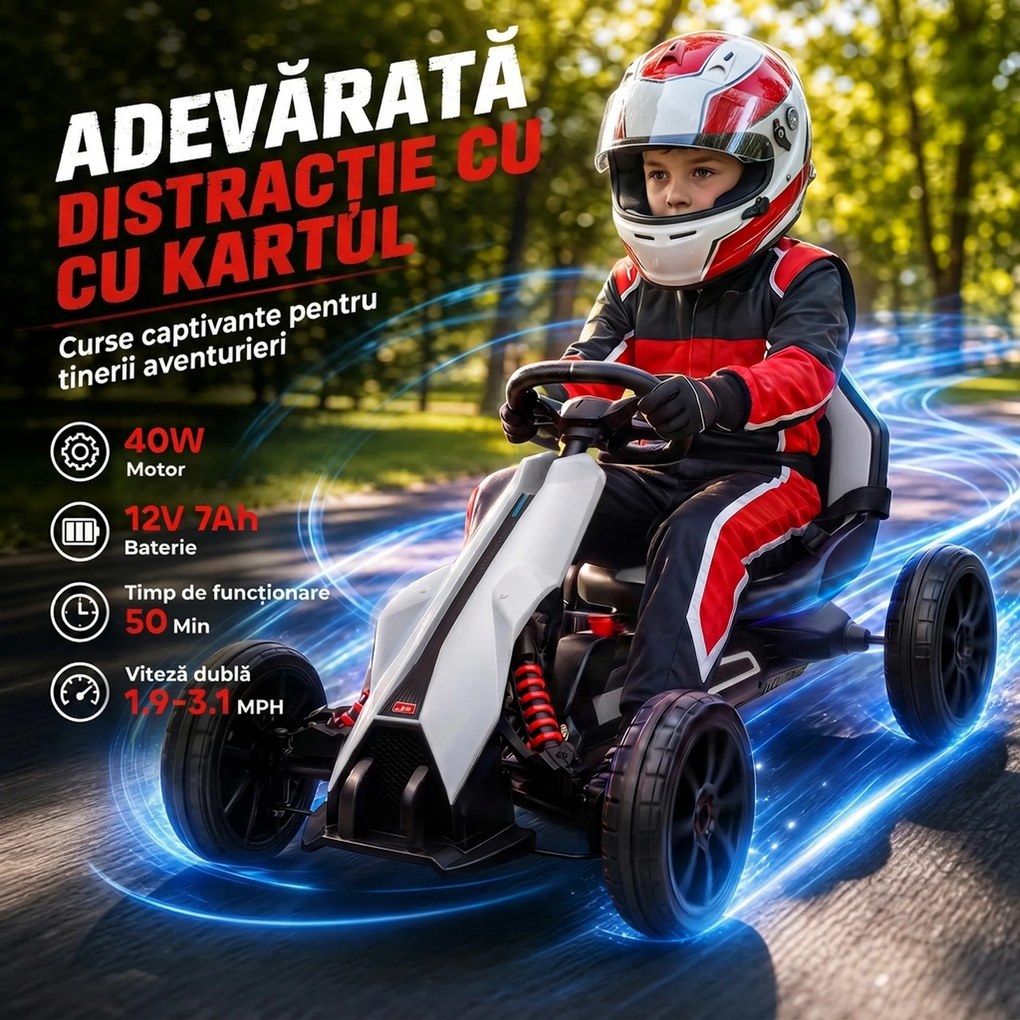 HOMCOM Go-Kart Electric Pentru Copii 3-8 Ani, 3-5 Km/h, Alb | Aosom Romania